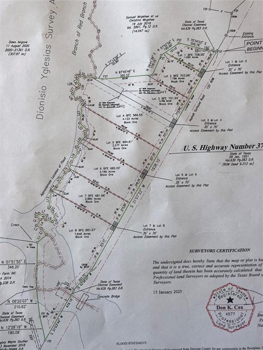 Plat is approved , entrances are in place , ready to build , 8 lots available in various sizes can add 2 together for a discount , Highway 377 frontage , Lot 4 has a 43 foot easment for future road