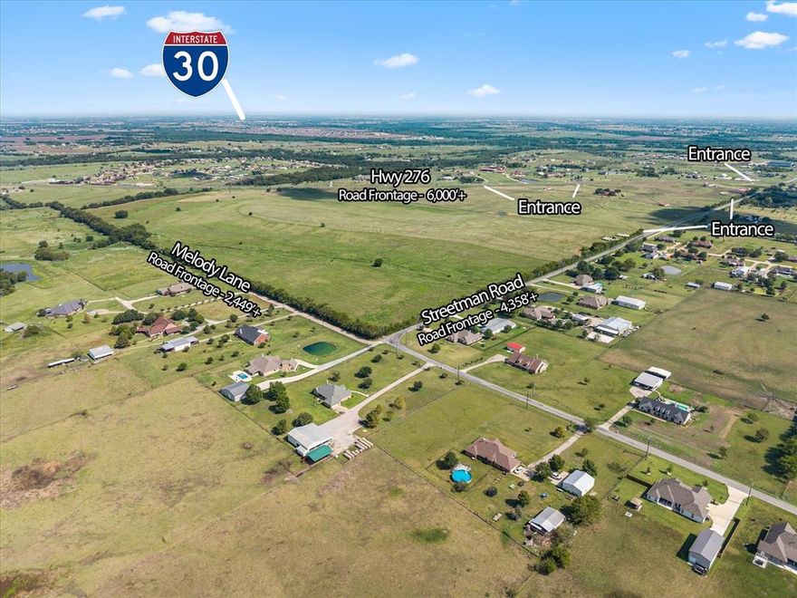Situated in one of the fastest-growing counties in Texas and the U.S., this 206.29± acre property offers remarkable potential for development, investment, or continued agricultural use. Located just 50 miles east of Dallas within the Royse City ETJ—outside city limits—the property features extensive frontage with multiple entrances off Hwy 276 and Streetman Road, as well as frontage on Melody Lane. It’s well-suited for residential, commercial, industrial, or mixed-use development. Improvements include a main home, guest house, workshop, storage shed, three barns, indoor and outdoor arenas, and pipe and cable fencing. Utilities include Cash SUD water (18” and 8” lines), five electric meters, propane, and a generator. According to FEMA, approximately 20± acres lie around the creek. TXDOT reports traffic volumes of 17,326 vehicles per day. With its impressive size, prime location, strong utility access, no HOA, MUD, PID or PUD and promising growth outlook, this property stands out as a rare opportunity in one of North Texas’s most vibrant corridors.  Survey Available.