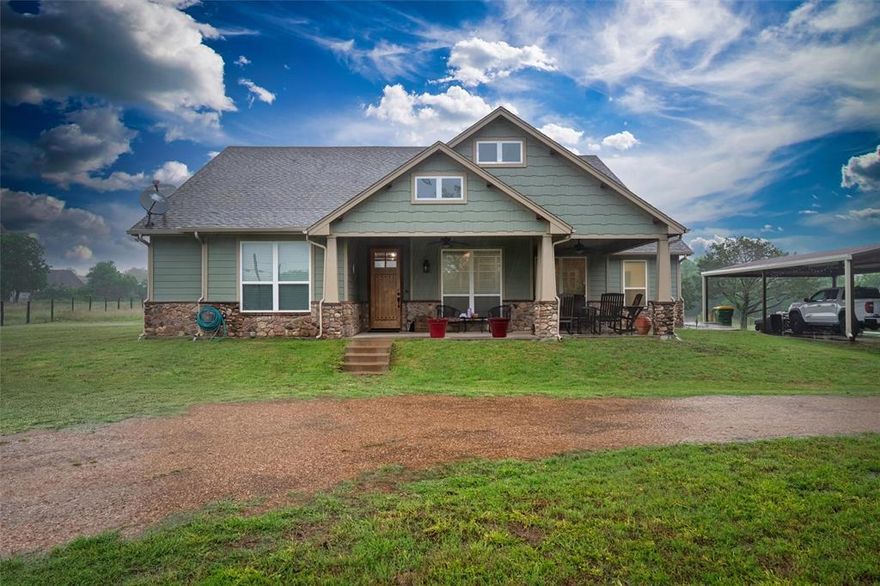 Seller is open to concessions, allowance or rate buydown. Let's talk!! Now priced at $500,000—your Texas country dream awaits! This 2018-built home sits on 6 peaceful acres and combines modern convenience with rustic charm. With 1,954 sq ft of living space, the layout includes 3 bedrooms plus a dedicated office or flex room, giving you options for remote work, hobbies, or even a fourth bedroom. The wide front and back covered porches are made for lazy afternoons, cookouts with friends, and soaking in endless country views. Inside, natural light fills the open-concept design, where the kitchen takes center stage—featuring a large island, sleek finishes, an oversized pantry, and even a built-in wine rack for entertaining ease. Practical upgrades like a tankless water heater add to the value, while the open acreage provides endless opportunities—add a pool, build a shop, create a barn, or design the garden you’ve always wanted. Surrounded by trees yet just minutes from town, this property gives you the space and freedom to live the lifestyle you’ve been dreaming of. Schedule your showing today and take advantage of this new price! All information deemed reliable but not guaranteed. Buyer and buyer’s agent to verify all details.