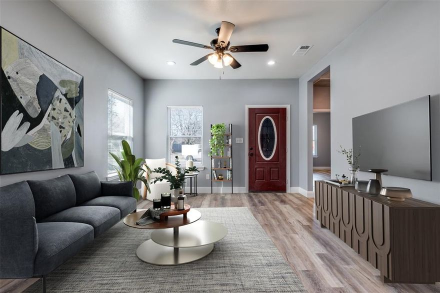 Welcome to this freshly remodeled home with plenty of modern updates! A welcoming front porch, accented with a warm cedar post, sets the tone as you arrive. Inside, you’ll find all-new paint and wood-look flooring throughout with no carpet, creating a clean, modern, and low-maintenance living environment. The updated kitchen features brand-new countertops, cabinets, and stainless steel appliances, with a dining room conveniently located just off the kitchen—perfect for everyday meals or entertaining. The primary bedroom offers privacy with its own ensuite bathroom. Out back, a large backyard provides a true blank slate, ready for your vision—whether it’s outdoor entertaining, gardening, or future expansion. A new roof replaced approximately one year ago adds peace of mind for years to come. Enjoy the added convenience of easy access to major highways and downtown Dallas, making commuting and city living a breeze. Move-in ready and full of potential, this home is one you don’t want to miss!