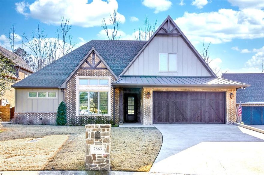 This stunning 4 bed, 3 bath garden home is in the exclusive Cross Pointe subdivision of The Crossing. The home, on a quiet cul-de-sac, offers a thoughtfully designed open floor plan with a spacious great room filled with natural light, beautiful hardwood flooring, recessed lighting throughout, and anchored by a gas-burning fireplace. The Chef's kitchen offers a 10-foot center island with quartz countertops, a premium gas range, stainless steel appliances, a designer tile backsplash, custom white cabinetry, and a walk-in pantry. The primary bedroom suite features a stylish tray ceiling, an oversized walk-in closet, a luxurious bath with dual vanities, and a freestanding soaking tub inside the large walk-in glass shower...this is a must-see. There is a guest bedroom downstairs and a full bath. Upstairs includes two additional bedrooms, a full bath, a bonus room, and a flex space ideal for a gym, studio, office, or game room. Black iron staircase railings and quality fixtures throughout; a tankless water heater; spray-foam insulation with sound buffering in interior walls, and a 30-year architectural shingle roof are just some of the extras this beautiful home offers. The covered patio with a gravel path leads to a private outdoor seating area with a gas hook-up for a grill. An oversized 2-car garage offers plenty of storage space. The HOA maintains the lawn and grounds. Located 0.3 mi from Legacy Trail for walking and biking. Nearby FRESH by Brookshire's, Crema Coffee, and several restaurants. Easy access to Village at Cumberland Park (3.4 mi), Broadway Square, and Loop 323.