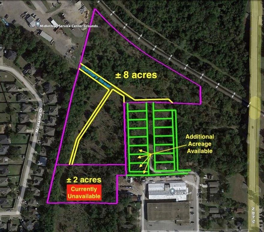± 8 acres of property inside the city limits of Midlothian and zoned Light Industrial. A rare find in close proximity to downtown. Multiple ways to get to the property with several access points to major highways and thoroughfares. Additional acreage may be available upon request.