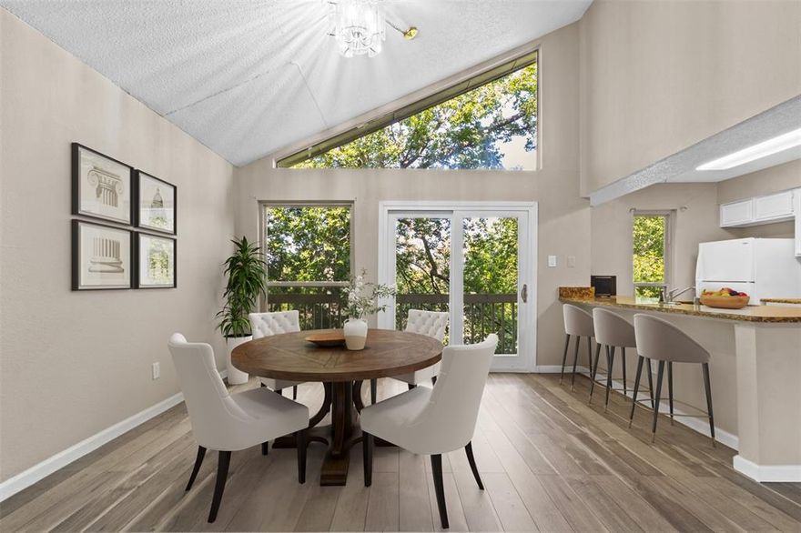 Move-in ready and full of natural light, this 2-bedroom, 1-bath condo offers comfort and convenience in a quiet, gated community. Located on the second floor, the unit features soaring vaulted ceilings, large windows, and a private balcony—perfect for enjoying your morning coffee or evening breeze.
The layout is open and functional, with spacious living and dining areas, two comfortable bedrooms, and plenty of storage. One covered parking space is included, along with ample guest parking for visitors.