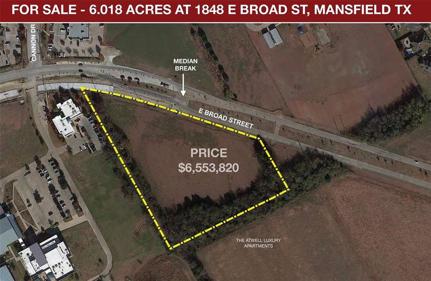 EXCELLENT LOCATION FOR FUTURE RETAIL AND COMMERCIAL PAD SITES IN A HIGH GROWTH AREA. Already zoned for retail, office and restaurant uses (non-fast-food). Over 700 ft of direct frontage on E Broad St - Mansfield's prime commercial corridor. Served by an existing median break, water, sewer and electricity. Easy access from Hwy 287, Hwy 360 and Matlock Rd. Immediately adjacent to 295 units of high end apartments. Within a short distance from many active residential developments. Close proximity to Methodist Mansfield Hospital, Academy, Belk, StarCenter, Brown Elem. School, Orr Int. School, Market Street, Kroger and HEB.