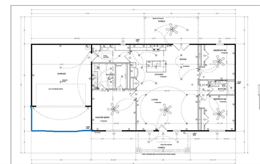 Proposed new construction Barndominium by Red Oak Custom Builders. Wonderful open floorplan with 3 Bedrooms & 2 Bathrooms built on a 9ft plate. Builder's plans for the home - Kitchen to have painted cabinetry, granite on counters, gorgeous walnut butcher block on island, & SS appliances (range, microwave, dishwasher). Spacious utility room. The primary bedroom ensuite has a tub, separate tiled shower, and 2-sink vanity with granite counters. LVP main living areas, carpet in bedrooms. Foam insulation. Class 4 metal roof. Great covered porches, front & back. Metal privacy fence and a garage. Landscaping to include sod in front & back. Wise camera system with 2 cameras & ring doorbell. Builder warranty. This home is just starting so builder's finish out plans ARE SUBJECT TO CHANGE and-or buyer has the opportunity to choose finishes and make some changes at this point, within builder's allowances. All measurements approximate.