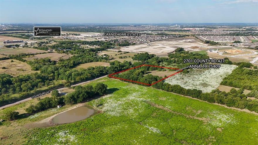 Located just off County Road 427, this 4-acre property sits within Anna’s sought-after ETJ, offering excellent potential for residential or investment development. The site is positioned minutes from downtown Anna and directly adjacent to a major new subdivision, placing it in the heart of one of North Texas’ fastest-growing markets. Currently, the property features two mobile homes (non-repairable) along with existing infrastructure, including two septic tanks and service from South Grayson Water Supply Company. Its proximity to schools, retail, and Anna’s rapid residential growth make it an ideal site for builders or developers seeking a project in this booming corridor.