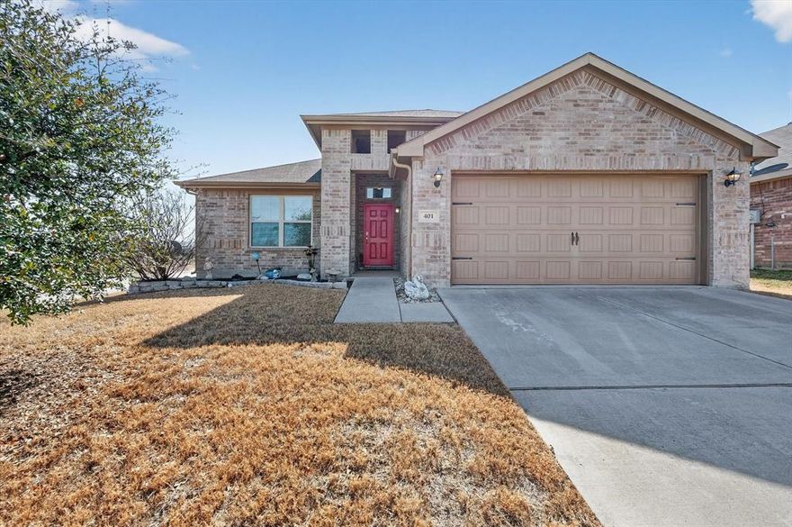 Welcome to 401 Millbrook Lane, Fort Worth, TX 76036. Crowley ISD. Perfectly located! Just off FM 1187, near I-35W. Minutes from great dining and shopping. About 15 minutes to downtown Fort Worth. *** Sellers loved being next to the train. After living there a few days, the sound never bothered them. It became a peaceful rhythm rattling by (no horns). Sitting on the covered back porch, overlooking your beautiful backyard, watching the train gently roll along is like old-school, live, outdoor entertainment. *** Huge kitchen with island, pantry, and lots of counter space and cabinets. Room for extra seating or a large hutch. Large arched opening to dining and living areas — best of both worlds! You'll never feel cut off from the main living areas, but the kitchen still feels like its own space — not just one big, wide-open room. *** Dining and living areas are open, with arched architecture carrying throughout. All those windows bring in so much natural light. Home is on a corner, so no neighbors on that side — just extra privacy and light! *** Good-sized primary bedroom with a spa-like bathroom featuring a soaking tub and separate shower.  ***Washer, dryer and refrigerator can stay. ***  Be sure to check out both the FLOOR PLAN near the end of the pictures, and the VIRTUAL TOUR, where you can click to move through the house LIKE YOU ARE ACTUALLY THERE! *** Don't wait — this one won't last long! *** Comes with a 1-year American Home Shield home warranty!