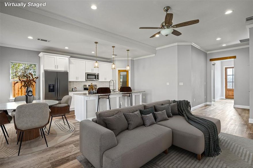 LEX Homes – 1,516 sq. ft. - 3 bedroom, 2 bath, 2 car garage, located in Granbury Texas. Lots of extras. Nine- and ten-foot ceilings with Crown molding and 5.25” base trim (all real wood). Large living room, laundry room, mudroom and kitchen. Granite countertops. Cabinets with adjustable shelves and baked on finish with soft pull drawers and doors with brush nickel pulls. Hidden trash can in cabinet. Large primary bedroom with walk-in closet. Primary bathroom with double sinks and walk-in shower with bench, linen closet. Floating shelves in both bathrooms. Waterproof flooring throughout. Brick exterior with board and batten accent. Low E windows, 3-tab, 30-year shingle roofing.  Large back patio.  New privacy fencing and sod. 10-year structure warranty and much more.