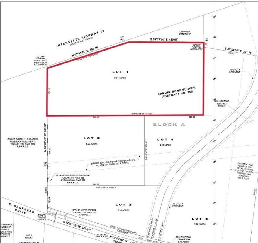 Located off I-20 near E. Bankhead Hwy providing high visibility for this 9.7-acre lot. This property is ideally suited for commercial development and is within the Tax Increment Reinvestment Zone.  It is a convenient 25-mile drive to Fort Worth and less than 60 miles to Dallas from this property.