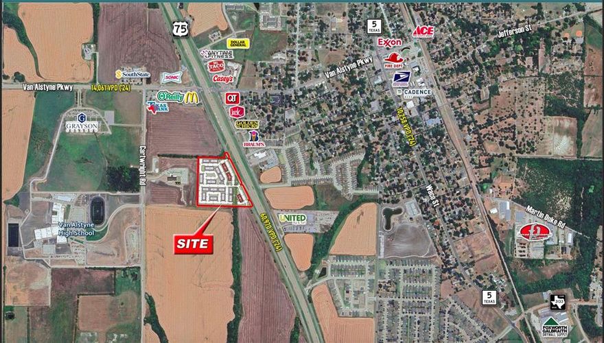 18.5+ acres off Hwy 75 in Van Alstyne. West side of Hwy 75 just south of the main intersection of Hwy 75 and FM 121 in Van Alstyne. Ideal for Commercial, Mixed-Use or Multifamily. Future hard corner of collector road and Hwy 75 with approximately 1192 ft of highway frontage. Located in Van Alstyne's ETJ just outside of the city limits. 12 inch sewer line and 20 ft sewer easement on southern as well as a 60 ft ROW easement on southern boundary. Access to a 16 inch city water line and others nearby. Van Alstyne's CCN for both water and sewer. Less than .25 miles away from Van Alstyne High School and Grayson County College. Phase 1 Environmental and partial Phase 2 Environmental completed. No floodplain. Currently in Ag. SURVEY and FLYER uploaded to Transaction Desk.
