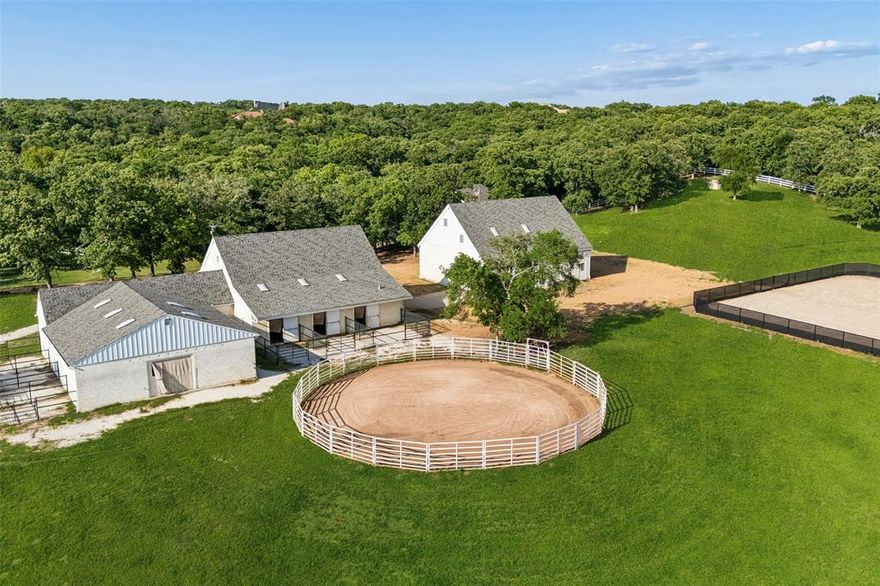 Private Equestrian Retreat in Butterfield Junction on 10 Acres. Tucked among mature trees in the sought-after Butterfield Junction community, adjacent to Isle du Bois Park, this exceptional equestrian property offers a rare balance of privacy and access to the natural beauty of Lake Ray Roberts. The custom residence is thoughtfully positioned to capture peaceful, tree-lined views and features three bedrooms, two full baths, and two half baths. Warm, inviting living spaces are designed for both everyday comfort and effortless entertaining. A guest suite or mother-in-law quarters—connected by a covered breezeway—adds flexibility, while the spacious three-car garage enhances functionality. Designed with the equestrian in mind, the property is anchored by a well-appointed 10-stall barn with attached runs, Classic Equine automatic waterers, wash rack, groom stall, tack room, feed room, laundry, med room and a dedicated barn office with private bath. A separate one-bedroom, one-bath apartment offers comfortable living quarters for guests, staff, or a trainer. The professionally built arena (100’ x 180’) with Kiser-designed drainage and footing provides a versatile and consistent riding experience. Additional improvements include a 60-foot round pen, seven no-climb turnouts with loafing shed, multiple pastures, and private on property riding trails. An equipment barn allows for convenient storage of equipment, hay and bulk shavings and includes workshop area. The property offers two gated entrances—separate for residence and barn—ensure both privacy and operational efficiency. Property offers two generators to power home and barn. Ideally located just minutes from the trails of Isle du Bois Park and the shoreline of Lake Ray Roberts, this is a rare opportunity to own a refined equestrian property in one of North Texas’ most desirable settings. Ag exemption currently in place offering lower property taxes.