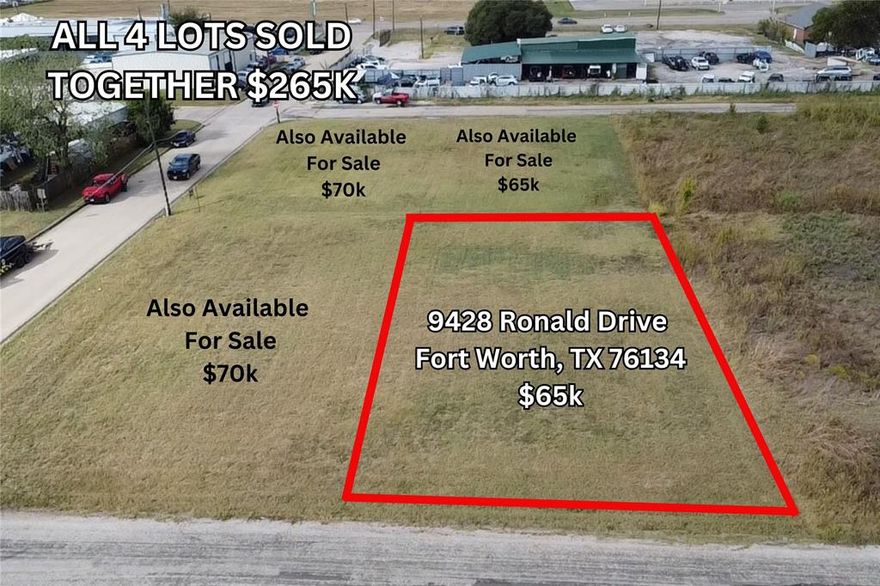 Investor-Developer Opportunity in Crowley, TX! Located at 9433 Parkview Drive, this prime lot is being sold together with 3 adjoining lots for a total package price of $265,000. Offering ample space and frontage, this combined property is ideal for residential development, a builder's project, or a long-term investment. Buyer to verify zoning and usage. Situated in a growing area with easy access to major roads and local amenities, the possibilities are wide open. Don’t miss your chance to secure four contiguous lots