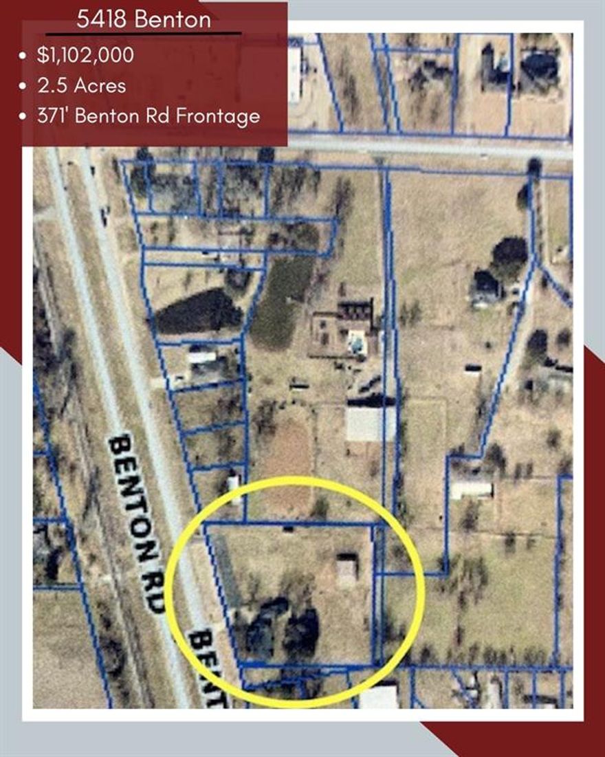 This tract is approx 2.5 acres with 371 feet of frontage on Benton Road - it may be sold separately or with other tracts for sale on and around the SE corner - the total package is 7 parcels with approx 11.8 acres with 922 feet of frontage on Benton Road and 594 feet of frontage on Kingston Road.