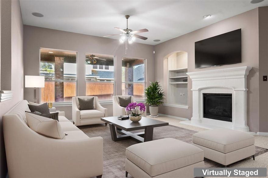 Welcome to this beautifully maintained David Weekley home in the master-planned community of Lantana, where comfort, space, and lifestyle come together. With 3,279 square feet, this home offers thoughtful design and flexible living spaces. A bright and welcoming living room features three large windows that fill the space with natural light and a cozy gas fireplace. Just off the entry is a private office with French doors and wood flooring.
The elegant dining room highlights tray ceilings, crown molding, and a chandelier, creating a beautiful setting for hosting dinners. The deluxe eat-in kitchen is truly the heart of the home, featuring granite countertops, a large island with pendant lighting, 42-inch cabinetry and GE Profile appliances including a convection double oven, built-in 5-burner gas cooktop, microwave, and dishwasher and a pantry complete this well-designed kitchen. One of the most unique features of this home is the two primary en-suite bedrooms, one downstairs and one upstairs. Each offers a garden tub, separate shower, and walk-in closet, making it perfect for guests or an older child wanting their own private retreat. Enjoy movie nights in the media room with surround sound, complete with an 80-inch screen TV and deluxe theater seating. There is crown molding, a 7-room sound system including garage and patio, multiple ceiling fans, a grand entryway with a wood staircase, and an oversized patio perfect for outdoor entertaining.
The 3-car tandem garage with epoxy flooring accommodates larger vehicles. Recent updates include: • Roof replaced June 2024 • Fresh interior paint in main living areas• Two 50-gallon water heaters• Several mounted TVs remain with the home. Enjoy a true resort-style lifestyle with five pools, two fitness centers, pickleball, tennis and basketball courts, parks, playgrounds, and miles of walking and biking trails. The community also hosts popular seasonal events including holiday festivities, and neighborhood gatherings.