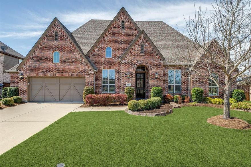 Perfect one-story Highland home with an open floor plan on a cul-de-sac lot overlooking the greenbelt. This well-maintained 4-bedroom, 3-bath home with a 3.5-car garage sits on a quarter-acre lot and features high ceilings throughout. The kitchen offers white cabinetry, double ovens, granite countertops, a large island, built-in desk, and walk-in pantry. Spacious breakfast nook with abundant natural light opens to the family room with soaring ceilings, stone fireplace, wood mantel, and large casement windows. Private office with built-ins and designer accent wall. Formal dining room is ideal for entertaining. Media room located at the rear of the home. Flex space between two bedrooms is perfect for an in-law or nanny suite. Hardwood floors throughout most of the home. Enjoy a private backyard with extended patio, pergola, and plenty of room for a pool or outdoor activities. Located in Trinity Falls with resort-style amenities including pools, clubhouses, fitness center, playgrounds, fishing lakes, parks, and more. Frazier Elementary located within the community.