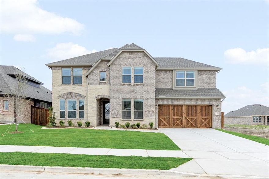 NEW! NEVER LIVED IN. Just finished and ready to close! The Bellflower II from Bloomfield Homes delivers a thoughtfully designed two-story layout with 4 bedrooms, 3.5 baths, and a front-facing 2 car garage, wrapped in a beautiful brick and stone exterior. The foyer introduces a private office at the front of the home, with the staircase and open dining room guiding the transition into the main living areas. The family room showcases a stacked stone fireplace extending to the ceiling with a cedar mantel that serves as a striking focal point. Pre-engineered wood flooring runs through the main living areas, tying together the open dining room, family room, and kitchen with a seamless flow. The deluxe kitchen is outfitted with a Professional Series appliance package featuring double ovens and a stainless steel apron sink, along with painted cabinetry, generous counter space, and built-in stainless steel appliances. The upper level is designed around a spacious game room with a built-in window seat, with double doors opening into a dedicated media room nearby. The primary suite is designed as a main-level escape, featuring separate vanities each with a sink, an enlarged shower, and a walk-in closet with convenient access to the laundry room. A secondary bedroom with an ensuite bath and walk-in closet is also located on the first floor, while upstairs, 2 additional bedrooms each include walk-in closets and share a Hollywood-style bath. Exterior details complete the home’s curb appeal with a cedar garage door, landscaping with stone edging, a covered entry, and full gutters. Located in the Meraki community known for open green space, lakes, and planned trails, this home offers a setting that feels connected yet expansive. Call Bloomfield Homes today to learn more!