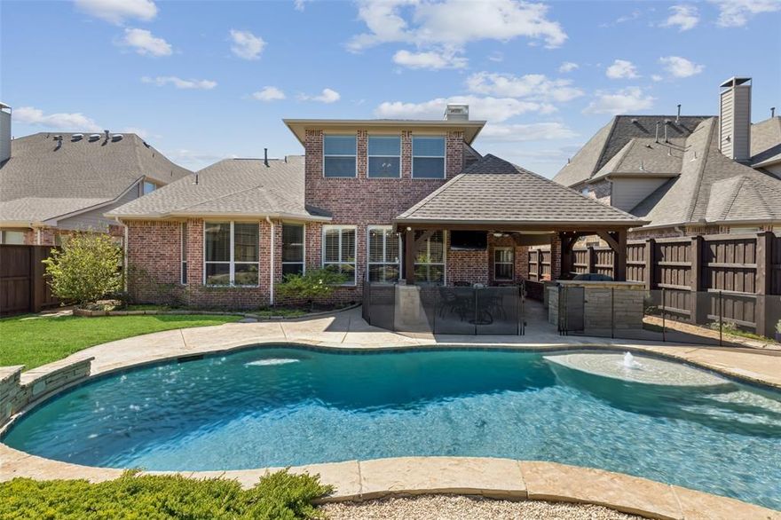 Welcome to this beautifully maintained 1.5-story home on a cul-de-sac street in Lakes of Prosper, one of Prosper’s most beloved communities. From the moment you arrive, the lush landscaping & inviting curb appeal set the tone for the warmth & comfort this home offers. Inside, an open & airy floor plan welcomes you with abundant natural light & wood floors, creating a space that feels both cozy & spacious. The heart of the home is the thoughtfully designed kitchen, offering plenty of cabinetry & counter space for effortless meal prep & gatherings. The adjoining living area features a charming fireplace, perfect for relaxing evenings. Working from home is more enjoyable in this stylish home office wrapped in windows. The primary suite is enriched with tray ceilings, bay windows, & ensuite bath. With all bedrooms conveniently located on the main level + versatile upstairs bonus space, this layout provides both function & flexibility. Step outside to your private backyard oasis, where pool, outdoor living area, & landscaped gardens create a tranquil escape. You're sure to enjoy the sparkling pool + spa, built-in grill, and bar with seating. Whether you're hosting summer gatherings or enjoying peaceful mornings with a cup of coffee, extended covered patio with wood slat ceiling is truly a retreat. Additional features include: plantation shutters, fresh paint, mud room, 2 walk-in storage areas upstairs, & floored attic space above garage.

Located in a vibrant, amenity-rich neighborhood with top-rated Prosper ISD schools, parks, and convenient access to shopping and dining. The neighborhood connects to Frontier Park, which provides extensive trails, lakes, playgrounds and more.

Come experience the inviting atmosphere & timeless appeal of this Prosper gem—where you’ll feel at home the moment you walk through the door!

Updates: Roof 7-2024, Hot Water Heater 2024, 2 HVAC units 8-2024, 2 Smart Thermostats 8-2024, Int Paint 2025, Mudroom Add 2023, Cabinet Paint 2023.