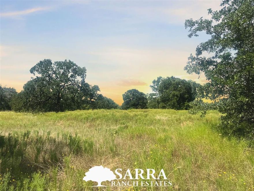 Tucked away at the end of the cul-de-sac, the perfect building opportunity awaits. Imagine your custom home with towering oaks in the front and side yard providing privacy from the street. This homesite will have idyllic placement, facing North and capturing tranquil sunrises and big Texas sunsets in the afternoon. You'll love the gentle rolling hills surrounding you. Sarra Ranch is unlike any other community, providing upscale amenities like paved roads, high speed fiber optic internet, and underground utilities- while allowing residents to maintain a country lifestyle with NO HOA and light deed restrictions. Convenient location close to shopping, restaurants, and only a short 35 minutes from Fort Worth. Bring your own builder and build on your own timeline! Shops and animals welcome. It's time to create a life full of privacy, nature, and serenity. Come see the wide-open spaces for yourself and book private UTV tour today!