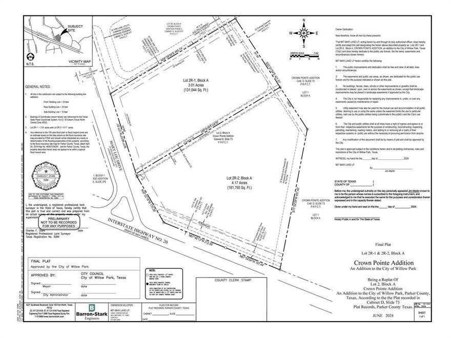 TOP-NOTCH COMMERCIAL DEVELOPMENT**4.17 Acres located at the intersection of I-20 N Service Road and JD Towles Drive in the Crown Pointe Commercial Development - Willow Park.  Could be an ideal location for a Hotel, Restaurants, Bank, or Office Buildings.  This tract's Neighboring Businesses include, Texas Health Emergency Room, two new Surgical centers, Sr Independent Living, Skilled Nursing, Assisted Living, Medical Office Buildings, Restaurants, Office Buildings and, most recently, the newly constructed campus of Willow Park Baptist Church featuring a Sanctuary with 1,500 seating capacity as well as a new 4 Court AAU Gymnasium under construction.  Approximately 400 feet of frontage on I-20's North Service Road and 400 plus feet of frontage on Mary Lou Drive.  Property is restricted from certain medical applications.