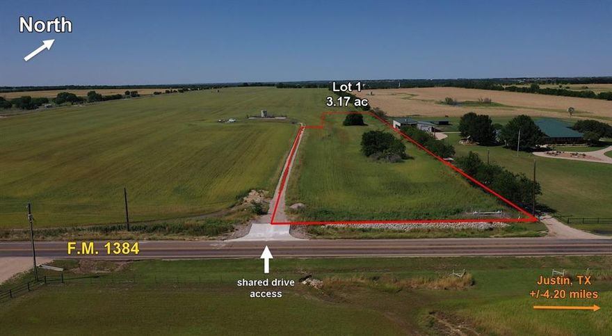 Lot outside the city limits of Justin, TX. Enjoy the country with the convenience to the city just minutes away! The lot is located within Northwest ISD and there is no H.O.A., but deed restrictions are in place and are attached. Electric available at the road. Construction has finished on the shared-driveways for this lot fronting FM 1384. Please do not hesitate to reach out with any questions regarding this lot