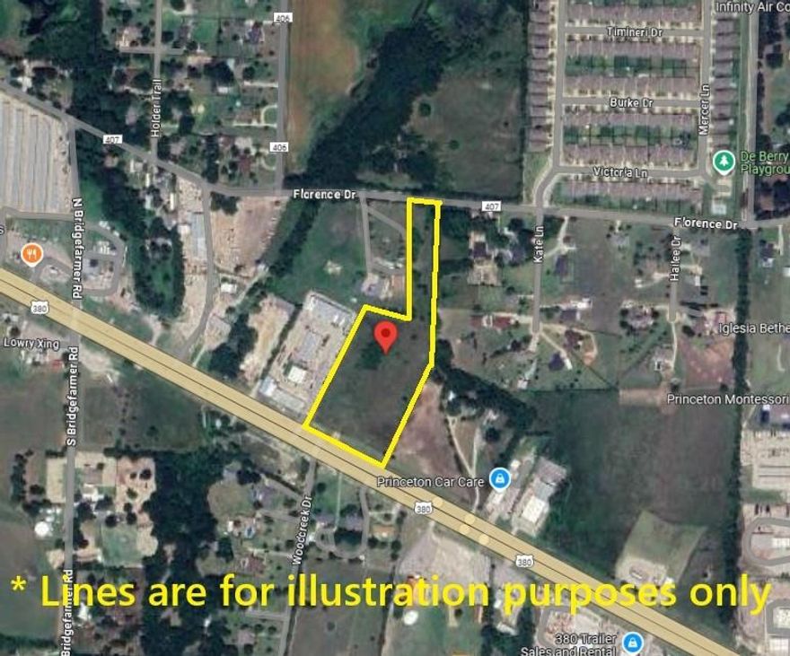 PRIME DEVELOPMENT OPPORTUNITY - About 6AC WITH HWY 380 FRONTAGE IN MCKINNEY ETJ

Exceptional investment opportunity in one of DFW's fastest-growing corridors! This 6.AC parcel offers over 382 feet of frontage along both US Highway 380 (44,432 VPD) and County Road 407 in McKinney's ETJ, providing outstanding visibility and accessibility.

KEY HIGHLIGHTS:
* Strategic location less than 3 miles from McKinney National Airport's new $72M terminal expansion
* No zoning restrictions - Build retail, flex space, mixed-use, outside storage, or self-storage
* High-traffic location with 44,432 vehicles per day (2023 TXDOT data)
* NOT in flood zone
* Current AG exempt status
* Dual road frontage on US 380 and CR 407

STRONG DEMOGRAPHICS:
* Rapidly growing area with over 5 percent annual population growth within 5 miles
* Projected 90,018 population by 2029 within 5 miles
* Young, affluent demographic with median age of 36.5
* Strong household incomes with significant growth projected

DEVELOPMENT POTENTIAL:
Located in McKinney ETJ, this versatile parcel offers maximum flexibility for development with no current zoning restrictions. The property is perfectly positioned to capitalize on McKinney's explosive growth and the upcoming airport expansion, which will drive additional commercial development in the area.