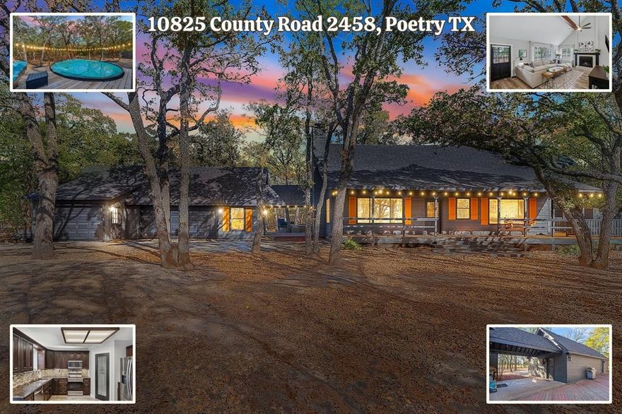 Surrounded by mature trees, private walking trails, and peaceful East Texas scenery, this beautifully remodeled home in Poetry, Texas delivers a lifestyle few properties can offer. Nestled deep in the woods within a highly sought after area, this home blends privacy, character, and modern comfort with thoughtful upgrades throughout. Bold cedar plank siding, recently replaced roof & HVAC with duct work, whole home water filtration and softener system, monitored wireless alarm, and oversized front and back decks create a striking first impression and invite outdoor living year round. Inside, soaring vaulted ceilings with exposed wood beams, modern railings, and expansive windows flood the home with natural light and showcase the surrounding wooded views. Main living area is anchored by a cozy fireplace and flows seamlessly into the kitchen and dining space, creating an inviting layout ideal for everyday living and entertaining. Kitchen features granite, SS appliances, a pantry, and generous workspace designed for functionality and style. Home offers 2 spacious primary suites, each with large closets & private ensuite baths. One primary includes a dedicated office or nursery with oversized windows, providing a quiet and inspiring space for working from home or creative use. 2nd primary suite serves as a private retreat with dramatic ceilings, wood beam accents, and direct access to the outdoors. Upstairs loft style living area overlooks the main living room with soaring ceilings, offering flexible space for a second lounge, media room, or quiet escape. Outside, expansive decks, a covered breezeway for entertaining, & salt water above ground pool create a private backyard oasis surrounded by trees & natural privacy. 3 car garage provides excellent functionality, including one temp controlled bay ideal for storage or hobby use. Located approximately 45 min to Dallas, 25 min to Rockwall, and 20 min to Terrell for easy access to shopping, grocery, dining & entertainment.