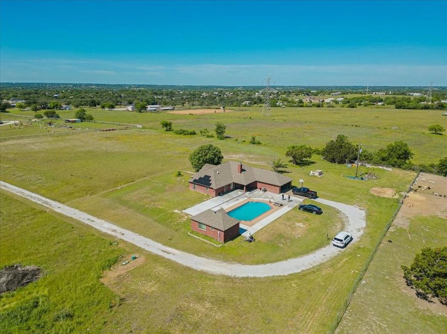 Description: What a view! Come make this Texas beauty your new home. Home sits on one of the highest points in the area providing you wonderful views across the 29 plus acres. Bring the animals and set up the ranch. House features vaulted ceilings, wood burning fireplace, jack and jill bath and master bedroom separate from other bedrooms. All new doors and new 3 pane windows in main house and guest house. Solar panel will be paid off at closing, lowered the electricity bill from $500 a month to approximately $100 a month. Stand alone guest house provides you with an additional 390 sq ft of private living. Come sit by the pool and enjoy the Texas sunsets!
