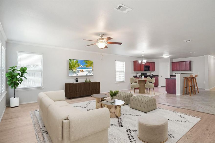 Updated, spacious home in Remington Point located within Eagle Mountain ISD. Fresh, neutral paint throughout, updated designer flooring featuring 18inch tile laid on the diagonal with travertine transitions and new luxury vinyl plank!  Bright, updated lighting with two inch blinds help to make this an amazing space! As you enter the home, you're greeted with a large entry hall with two bedrooms and a full bathroom at the front of the house. To your left, as you walk down the impressive entry hall, you'll find a large media room with double French doors and built in shelving. The media room is buffered with a spacious transition area which also leads to a generous sized laundry room.  The kitchen is oversized with a long breakfast bar and opens to the living room.  There is a nice dining space combined with the kitchen also open to the living room.  The primary suite includes a second linen closet off of its private hall and is very large.  The primary suite bath is very nice and has a big walk in closet.  The most notable features of the home are its flowing floor-plan, very spacious rooms, and the beautiful paint and tile work throughout. Schedule your tour today, and make this your new home!