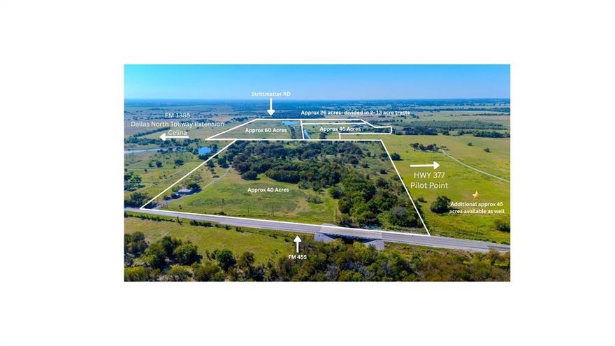 40 Acres on FM 455 Frontage Prime Growth Corridor

Exceptional opportunity to acquire a 40-acre tract with extensive frontage along FM 455 in one of North Texas’ fastest-growing areas. This property offers excellent visibility, access, and flexibility for a variety of potential uses including residential, commercial, or agricultural.

Ideally located within the growth corridor connecting Pilot Point, Aubrey, and Celina, and just minutes from Hwy 377, FM 1385, and the Dallas North Tollway extension, the property is positioned near ongoing development and infrastructure expansion.

Property features include
Ag exemption currently in place
 Water well, electric, and septic on site
 Mobile home on property (no value assigned)
 Older barn for storage or agricultural use
 Located within Mustang Water & Septic Service area
 Gently rolling, open pasture
 No known restrictions

Surrounded by expanding residential and commercial development, this tract offers strong potential for future use or investment. Adjacent parcels may also be available for purchase, offering the opportunity to assemble additional acreage.

Buyer and buyer’s agent to verify all information including utilities, zoning, acreage, exemptions, and intended use.