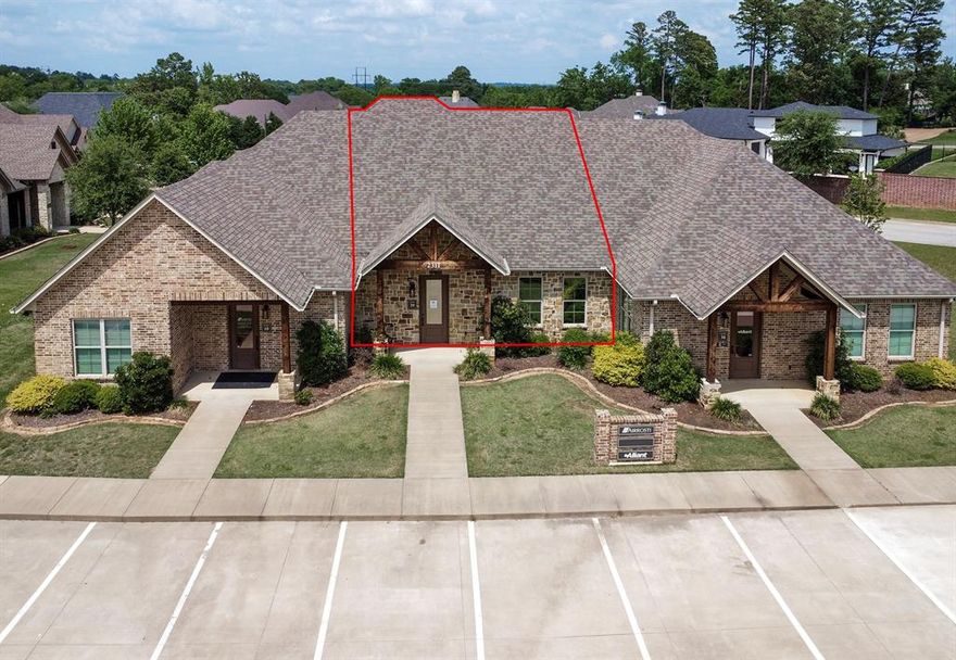 FOR LEASE - $18.00 per SF per yr + NNN.  

Located in South Tyler behind Swann's Furniture shopping center. Surrounded by Tyler's newest commercial and residential growth. Premium office setting tucked just off of Old Jacksonville in close proximity to restaurants, retailers, and neighboring residential developments. 

Perfect for professional office, or medical users. 
Ample shared surface parking. 
Monument signage. 
Layout includes large reception and waiting, four oversized offices, break room, storage, and two ADA restrooms. 
Private exterior entrance.