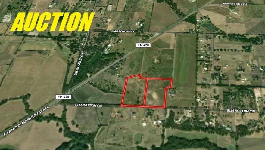 $10,000 PER ACRE WILL BE THE OPENING BID FOR THIS 22.37 ACRE PROPERTY DIVIDED IN 2 TRACTS BEING OFFERED FOR SELL IN A LIVE AUCTION ON FRIDAY, MARCH 5TH AT 12:00 NOON. Auction Registration begins at 10am. The 22,37 acre Property is divided in 2 Separate Tracts. Each Tract is 11+acres, Buy Either Tract or Buy Both. Located just East of the Intersection of Hwy 428 and Elm Bottom Circle. Prime Homesites or the perfect size to build your Dream Ranchette in the Heart of Horse Country. Enjoy your privacy with shopping, dining, recreation, and entertainment nearby. Just a few miles to Hwy 377 and I-35W with easy access to Denton, Sanger, Dallas, Fort Worth and DFW Airport. Sells AS IS. NO CONTINGENCIES related to Financing, Post Sale Inspections or Appraisals and NO OPTION PERIOD. 10% Buyer's Premium will be added to the High Bid to constitute the Total Contract Price. Buyer's Premium is paid the day of the Auction by Cash or a Personal or Business Check will be accepted when accompanied by a Bank Letter of Guarantee or other Proof of Funds. Remaining Balance is due on Thursday, April 16, 2026 by 5:00pm at Acrisure Title of Texas in Frisco, by Cash, Financing or a combination of both.