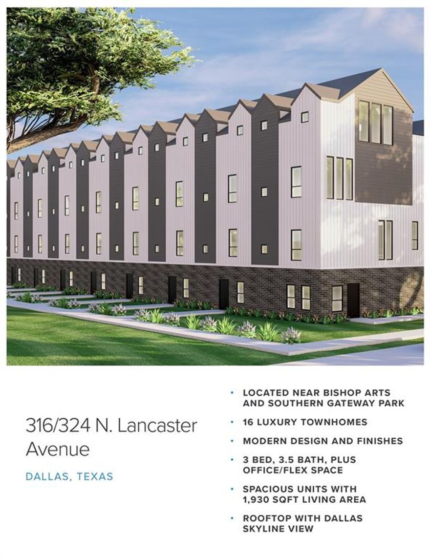 A SHOVEL READY 16 TOWNHOMES PROJECT APPROVED PERMIT IN PRIME LOCATION! 2 LOTS TOGETHER AS 316 AND 324 N LANCASTER!This exceptional permit-ready 16-townhome project is located in the highly desirable Bishop Arts area, one of Dallas’s most sought-after neighborhoods. Each townhome ranges from 1,912 sq. ft. to 1,949 sq. ft. and is thoughtfully designed with 3 bedrooms, 3.5 bathrooms, and a dedicated study or office space on the first floor. Additionally, the townhomes feature oversized rooftop decks, perfect for entertaining or relaxing while enjoying the vibrant surroundings. The project is situated in a prime location near the transformational Southern Gateway Park, the charming Bishop Arts District, the popular Dallas Zoo, and the exciting new Trinity River Project. This ideal location offers residents unparalleled convenience and access to cultural, recreational, and dining attractions. For investors, this project presents a unique opportunity in a rapidly appreciating area with a high potential for strong returns. The Bishop Arts neighborhood is known for its growth and vibrancy, making it an excellent choice for those seeking a high cap rate and long-term value.