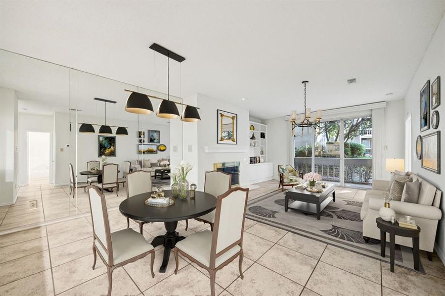 FIRST FLOOR comfort and convenience in a condo just 4 miles from Downtown Dallas. Two bedrooms and two full baths, no carpet throughout in a sought-after North Dallas community. The living area extends effortlessly to your covered patio, a peaceful haven perfect for sipping your morning coffee or enjoying an evening glass of wine while overlooking the lush, mature landscaping. Step inside to an elegantly refreshed home, where FRESH PAINT on the walls and cabinets creates a bright, welcoming atmosphere. The spacious layout is designed for comfort and ease, featuring large tile floors. A serving bar from the kitchen opens to the dining area featuring a sophisticated light fixture and a striking beveled wall mirror that creates a perfect ambiance for dinner parties or quiet meals.  A designer touch is added by the sleek dual vanities with GLASS VESSEL SINKS. The primary bath offers a true escape, a spa-like sanctuary complete with a luxurious Kohler WALK IN TUB and therapeutic hydrotherapy jets, inviting you to relax and unwind after a  Enjoy peace of mind with a personal ALARM system. As a resident, you'll have access to community amenities, including a recently renovated pool, providing a perfect spot to cool off and socialize. Complete with two assigned parking spaces—one covered and one uncovered. This home is move-in ready with a REFRIGERATOR, WASHER AND DRYER included. Conveniently close to the North Texas Tollway with access to an impressive 200 restaurants within 4.5 square miles.