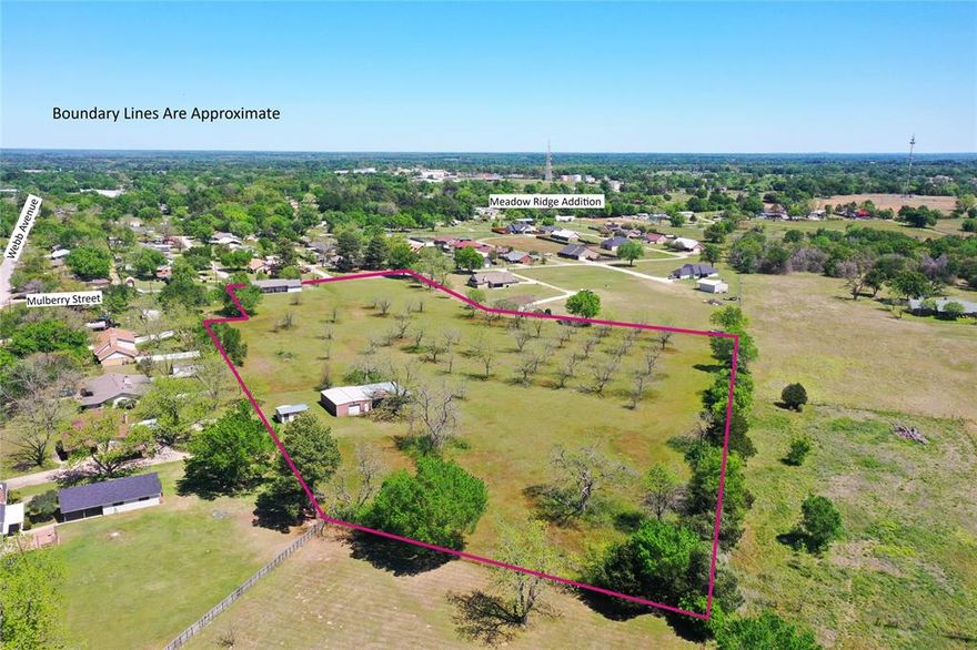 This stunning approximatly 7.18 acre estate is a rare find offering incredible versatility within the city limits!  Perfectly suited for a single homesite or a high-potential residential subdivision with the ultimate best of both worlds lifestyle, while staying perfectly connected to town activities, school, and businesses.  Featuring a productive Pecan orchard, you can envision buidling your dream home amongst the shade trees with plenty of room for your animals. The property is already equipped for work and play with a sturdy 30x40 workshop & a lean-to for housing your tractor, boat, or outdoor gear.  The potential here is limited only by your imagination.  No Deed Restrictions!  Whether you’re looking to build a custom home or seeking a prime development opportunity for a new subdivision, this property will meet your expectations!  While there is an existing mobile home on the property, it is currently uninhabitable and holds no value.  (Note: Seller to reserve all mineral rights.)