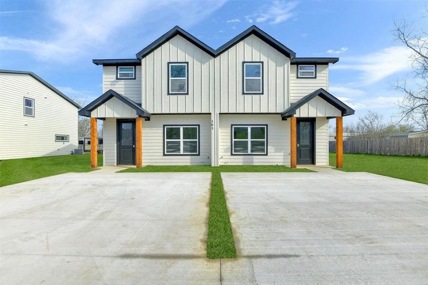 Beautiful 2023 modern construction 4 bedroom, 3 bathroom home in south Whitesboro. A quiet corner location with easy access to Business 377 or downtown Whitesboro make this the one you've been looking for.  All appliances including washer and dryer are included!  Split floorpan offers a spacious primary with en-suite downstairs with 3 large bedrooms and a bathroom upstairs. First floor open kitchen, dining, and living areas along with a half-bath will make entertaining easy!  Concrete patio has plenty of room for a grill and there's a privacy fence between units.   Ready for immediate move-in!  Please apply via Rental Beast link below.  *Photos are of building 303, however, both buildings are identical.  Duplex 301 is located on the corner of Anderson and Broadway.  Subject unit DOES have a stainless steel refrigerator which is included in lease.