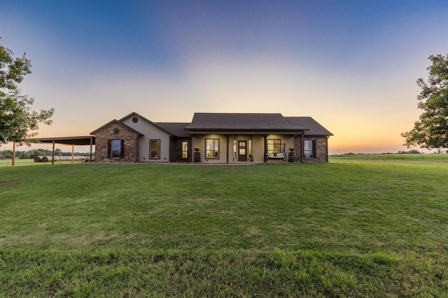 Enjoy the breathtaking views and wide-open skies from this stunning East Texas Ranchette sitting on 12.54 acres in sought after Celeste ISD! Property is fully fenced with a large pond ready for your animals with plenty of room to roam! Inside you will find a spacious open floor plan with tall ceilings throughout! The large family room centers around a raised brick hearth fireplace with cozy gas log set and durable stained concrete floors! The Kitchen boasts custom Knotty Alder Cabinets, a large-curved breakfast bar, walk-in pantry, electric cooktop framed by a striking arched brick surround, built in desk area, and a functional layout that makes every day cooking simple! The primary suite is oversized with enough room for a sitting area, reading nook, or even a small workspace! The primary bathroom includes a walk-in shower, dual sinks, jetted bathtub, linen storage, and two spacious walk-in closets! Split bedroom floorplan with generously sized secondary bedrooms ideal for kids or guests! Drink your morning coffee from the lovely front porch and watch the sun rise! Wind down, grill out, and gather with friends from the oversized back patio and enjoy the sunset view across panoramic skies! This property has so much to offer and is ready for its new owners! Don't miss out this one, it won't last long!