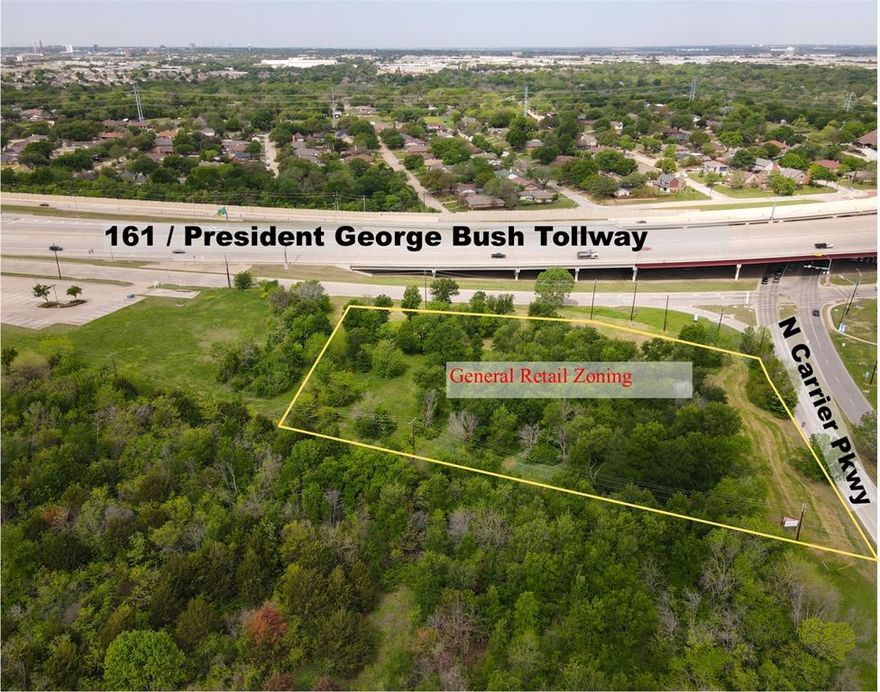 +- 2.6 acres at the SE Corner of 161 and N Carrier Parkway in Grand Prairie, TX. Suitable for retail, restaurant, office, daycare and other uses per PD-164. Zoned General Retail. Excellent visibility and access. Property sits up high so it is highly visible.