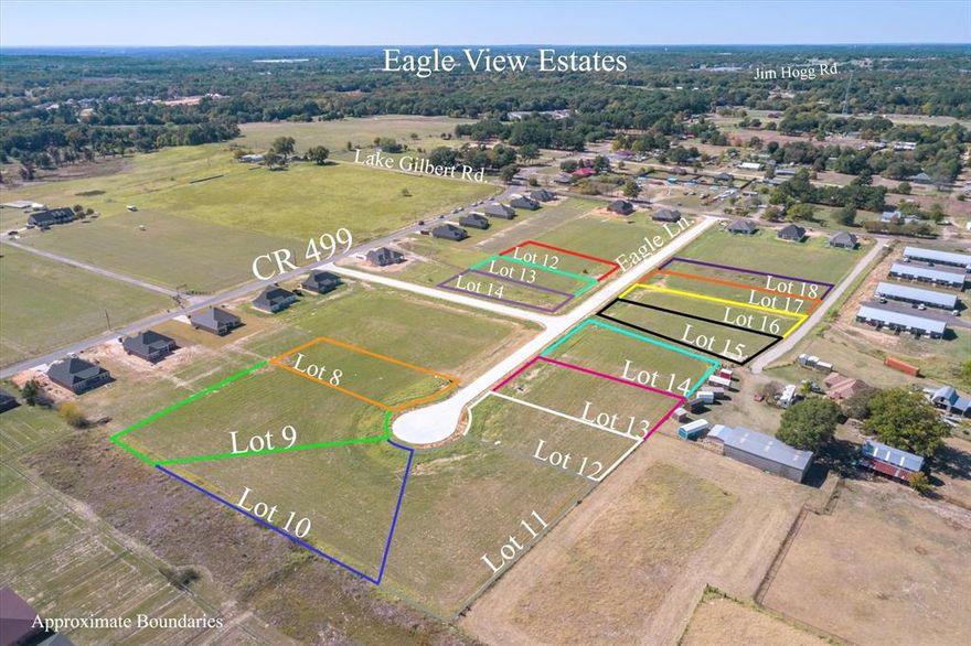 BLOCK 1, LOT 17:  0.618 acre lot situated in the newly developed Eagle View Estates. Property is located in a cul-de-sac. Lindale ISD. Great location- close to town, shopping, and schools as well as a short drive to Tyler, TX to fit any of your other needs. Concrete streets installed. Water & electric available. Deed restrictions. Now is your chance to break ground and begin building the home of your dreams! Other lots available.