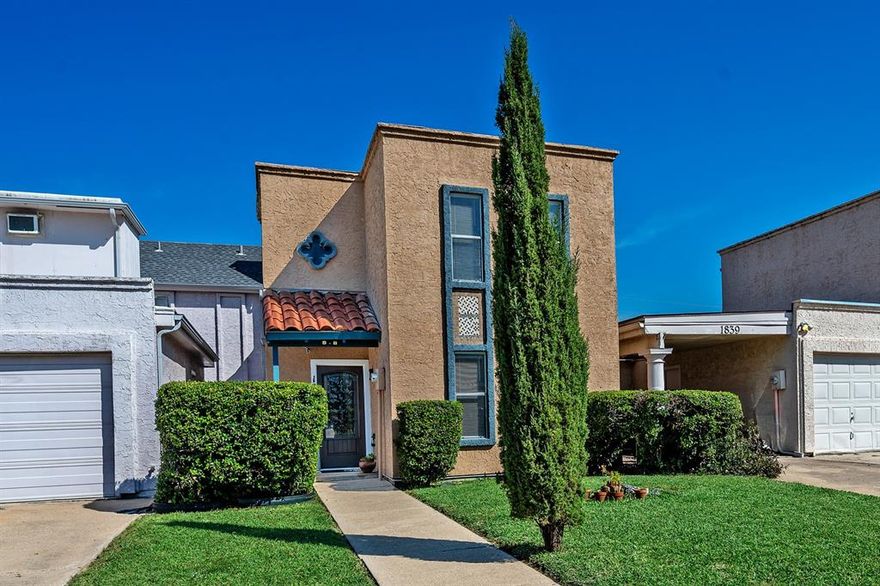 HARD TO FIND townhome with NO HOA!!! 2 STORY INTERIOR LOT in PERFECT LOCATION in the HEART OF CARROLLTON- READY FOR NEW OWNERS! CUTE MEDITERRANEAN style 2 STORY with 2 bedrooms, 2 FULL BATHS, OPEN kitchen, FAMILY ROOM, BRIGHT BREAKFAST NOOK, MASTER bedroom UPSTAIRS, GUEST BEDROOM DOWNSTAIRS! ALL the UPGRADES-GRANITE, SMOOTH COOKTOP, CUSTOM BACKSPLASH, SS appliances, LAMINATE WOOD FLOORS, CERAMIC TILE, NO CARPET, decorative FRONT door, WOOD BURNING FIREPLACE, IRON STAIR RAIL! Large PAVED COURTYARD in between house and garage with PLENTY OF NATURAL LIGHT and STORAGE CLOSETS, FULL 2 CAR GARAGE with PRIVATE REAR ENTRY! NEWER mechanicals HVAC, ELECTRICAL PANEL, WATER HEATER, and ROOF all within last 5 years. MOVE IN READY COMPLETE with FRIDGE, WASHER AND DRYER and much much more! Walking distance to schools, parks and shopping! ALL WITHIN OUTSTANDING LEWISVILLE ISD and HEBRON HIGH!