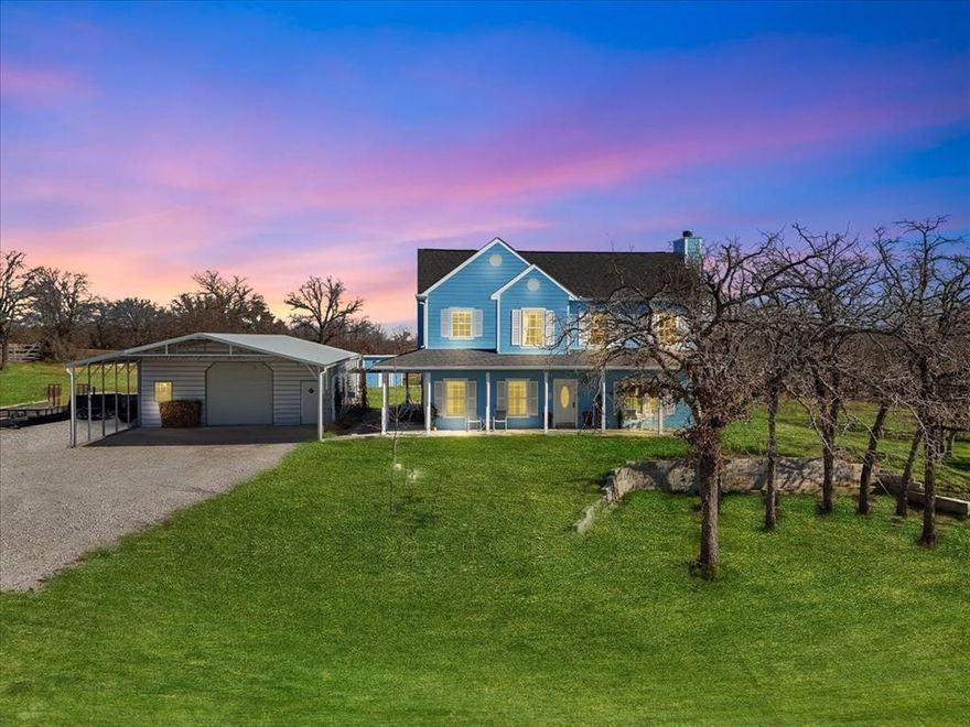 Stunning country setting on 23 acres! This modern country home offers beautiful views, mature trees, and room for animals, hobbies, or future plans. Built in 2022, the well-maintained 2-story home features 4 bedrooms, 2.5 baths, a first-floor primary suite, luxury vinyl flooring, granite countertops throughout, and like-new carpet in the bedrooms. Located in Springtown ISD, the property includes two wells, perimeter fencing, landscaping, sprinkler system, gutters, an insulated well house, and three tanks. An exceptional 30x38 insulated shop with 200-amp electric, concrete slab, rough-in plumbing, and two roll-up doors. Plus a 22x30 carport with concrete slab and additional gravel parking support a variety of uses. NO RESTRICTIONS, AG exempt, cattle guards with dual driveways, minutes from Springtown amenities, and approximately 33 miles from Fort Worth.  One-of-a-kind property offering privacy, space, and modern country living!