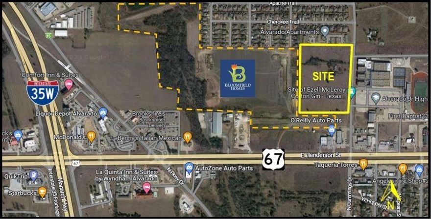 Great 15.104-acre development property zoned C-2 Commercial in the heart of Alvarado.  Would be ideal for commercial as zoned or possible mixed-use commercial and mid-density residential with zoning approval.  Located just north of Hwy 67 and east of IH-35W with good traffic next to existing retail.  Property has approximately 942 feet of road frontage along N. Cummings with city utilities available.  Property is very clean with gentle slope, no creeks or flood zone, and no unusual easements.