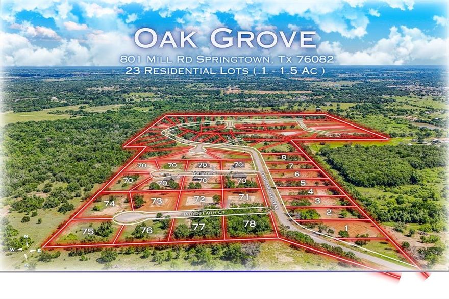 Nestled in the serene hills of Parker County, Oak Grove is located in Springtown, Texas 76082, this hidden gem offers stunning views framed by the rolling terrain and a canopy of mature trees, ensuring your privacy and tranquility.

These generous lots, ranging from 1 to 1.5 acres, provide ample space to create your dream home. Utilities have already been installed. Oak Grove is proudly situated in the Springtown Independent School District, making it an ideal place for families. 

Bring your own builder, and let your imagination run wild as you design your dream home amidst this breathtaking landscape. It's time to witness the full potential of Oak Grove for yourself!