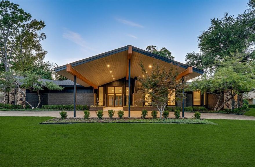 Stunning mid-century modern renovation in Preston Road North Estates! This 3-bed, 4-bath single-story home offers 3,978 sq ft of designer updates on a private  half acre lot. Open-concept floorplan features a chef’s kitchen with double islands, white oak cabinetry, and premium finishes. Cozy living room with dual fireplaces. Recent upgrades: new windows, insulation, and electrical. The backyard is a private retreat with a resort-style pool—perfect for entertaining or relaxing. Zoned in desirable North Dallas, minutes from top shopping, dining, and major roads. Rare opportunity to own a move-in ready masterpiece in one of Dallas’s most sought-after neighborhoods!