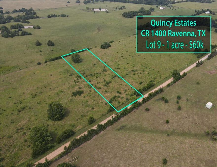 Welcome to your countryside estate! This 1 acre lot is perfect opportunity to build your countryside dream! Lot 9 provides plenty of room for your dream home, small gardening opportunities, and privacy. This property is right outside of Bonham for a short trip into town and nearby major highways like HWY-82 and HWY-121 for a quicker commute into the Metroplex. A great escape of the hustle and bustle of the city. Water and electric is available. A new water meter is installed up front by the road and ready for use! Plenty of lots are available so bring friends and family here!

Multiple lots available. Happy to assist with the sale in any of the lots here in Quincy Estates

15% down land financing available with a regional bank