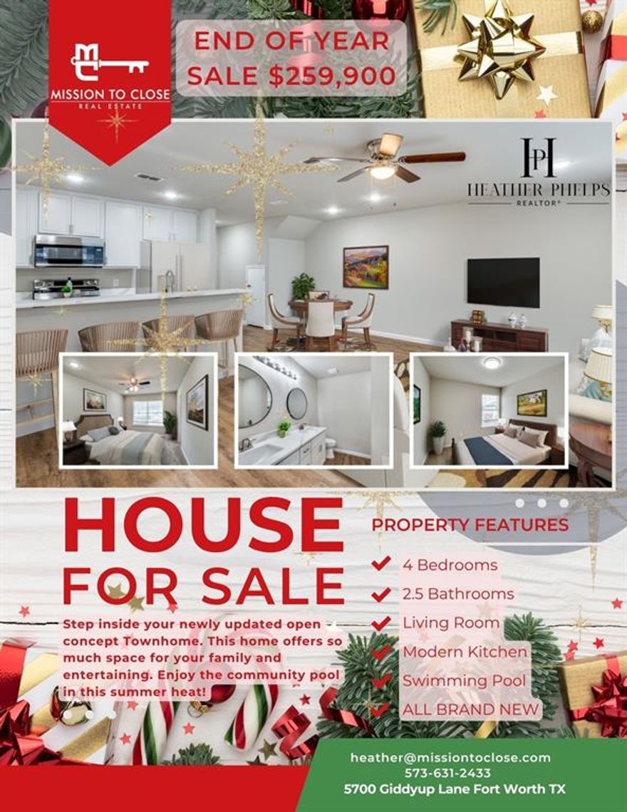 New Christmas Incentive at a lower asking price! Secure this beautifully updated end unit townhome, where modern design meets comfort and functionality. Featuring 4 spacious bedrooms and 2.5 bathrooms, this home has been updated with premium finishes throughout. Walking into an open-concept living area that exudes warmth and style. The brand-new kitchen boasts sleek countertops, high-end stainless steel appliances, and ample cabinetry, are perfect for your family. The bright and airy living room provides a perfect space to relax, with large windows letting in an abundance of natural light. The master suite is a true retreat, offering a large walk-in closet and a luxurious en-suite bathroom with contemporary fixtures, a walk-in shower, and a soaking tub. The additional three bedrooms are generously sized, each offering plenty of closet space and a modern, fresh feel. With updated flooring, fresh paint, and meticulous attention to detail, this townhome is ready to move in and make your own. Located in a highly sought out Eagle Mountain-Saginaw school district, desirable neighborhood with not one but two community pools and easy access to local amenities, shopping, dining, and more. HOA covers watering and maintaining the lawn.