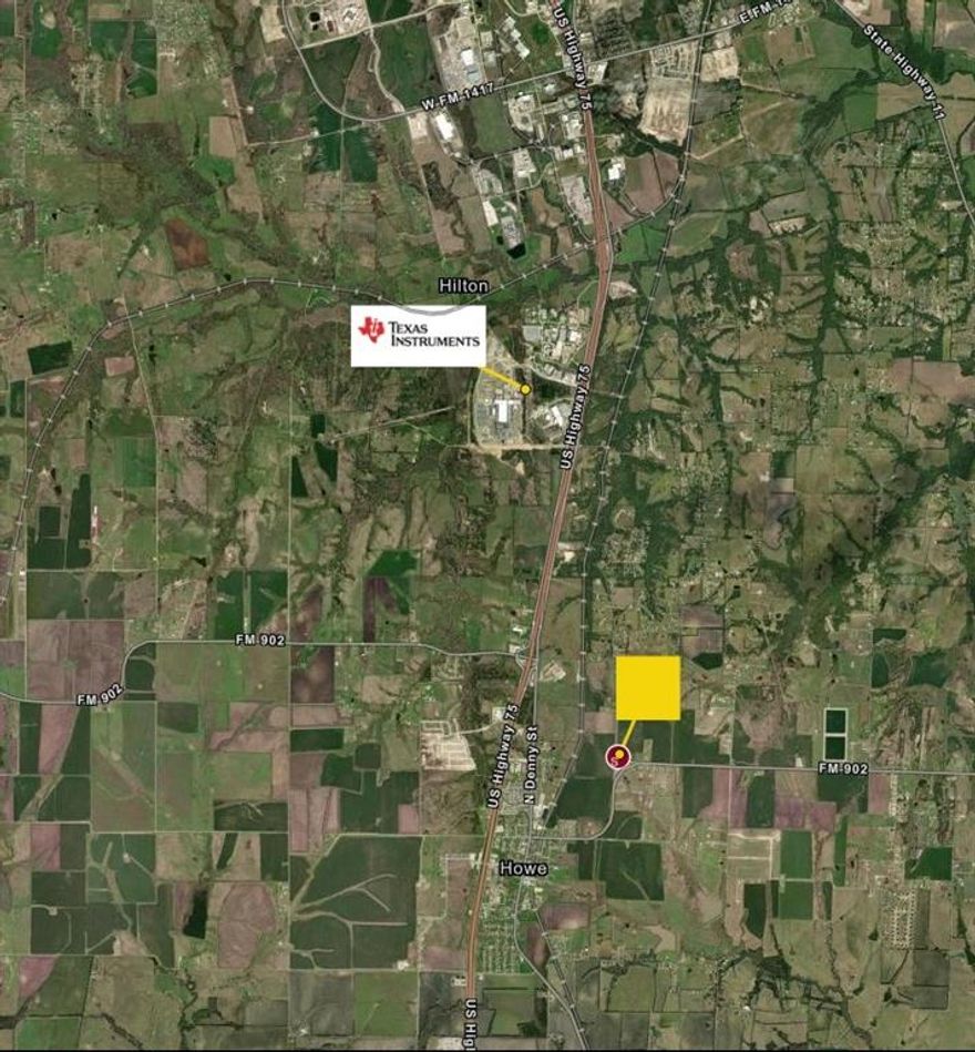Opportunity to acquire 45 acres (out of 49.44) of prime land for development at the intersection of Ponderosa Road and Bethel Road; just east of I-75 in Howe; about 3 miles south of Texas Instrument compound. The property also has MOL 316 of road frontage with FM 902 for a total of 3053' of road frontage on the west and south side. 
The property is just outside of the city limit. However, there is an 8 inch city of Howe water line across Ponderosa Road with several fire hydrants installed. There are power lines running along the West side of the property on Ponderosa Road.