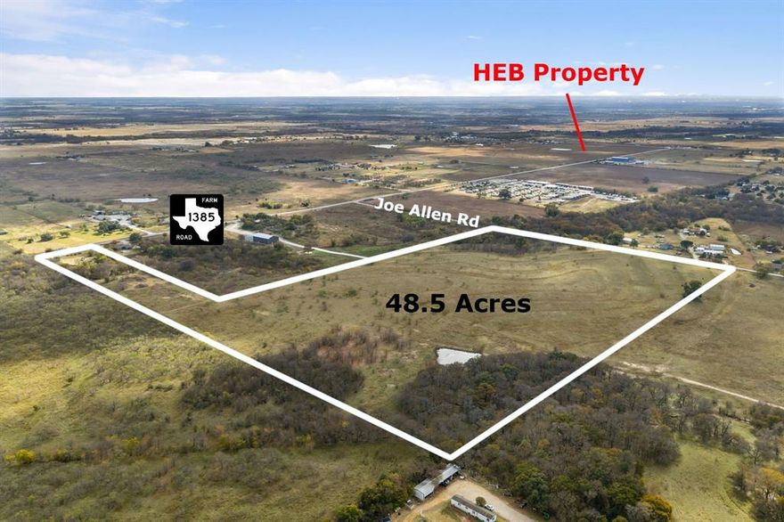 Nearly 50 acres positioned along a major arterial roadway in one of the fastest-expanding corridors in North Texas. This area has been experiencing explosive residential and commercial growth, with population increases exceeding 25 percent annually and demand continuing to accelerate. The momentum of development has been further validated by H-E-B’s recent acquisition of approximately 95 acres less than one mile from the entrance of this property - a powerful indicator of what’s coming to this market. This tract sits at the center of a wave of master-planned communities and large-scale residential projects that are transforming the region. Major developments either under construction or preparing to break ground include, but are not limited to: Bryson Ranch – 3,000+ planned residential lots; Green Brick – 2,200 planned lots; Talley Ranch – approximately 3,500 lots; Maverick Farms – 364 acres of planned development. Collectively, these communities represent thousands of homes, millions of square feet of future rooftops, and enormous demand for retail, services, schools, medical, entertainment, and supporting commercial uses. This acreage offers an exceptional opportunity to acquire a premium development tract while the boom is still unfolding. Whether you choose to move immediately into planning and development or hold the property as a long-term investment, this site checks the key boxes of location, visibility, neighboring growth, and upward market trajectory. With the surge of residential expansion already shaping the landscape, this property stands positioned to benefit from tremendous near-term and long-term upside in one of the most rapidly growing cities in Texas.