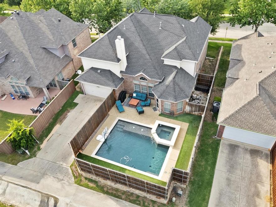 Spacious and well-maintained 5-bedroom, 3.5-bath home with a pool and spa in Lake Hill Village. This functional floor plan features a formal living and dining area plus a flexible downstairs study or playroom. The open family room offers tall ceilings, a stone fireplace, and luxury vinyl plank flooring. The kitchen includes granite countertops, a center island, breakfast nook, and extensive storage. The first-floor primary suite provides privacy and includes dual sinks, a separate shower, and a large walk-in closet. Upstairs offers a loft for additional living space, four secondary bedrooms, and two full bathrooms. A dedicated media room with projector is ideal for movie nights or game-day viewing. The backyard is designed for year-round enjoyment with a pool, spa, and privacy fence. Located in highly rated Frisco ISD, with close proximity to the elementary, middle, and high school. Just 10 minutes from The Star, Legacy West, shopping, dining, and major conveniences. This home offers generous space, a versatile layout, and desirable amenities—an excellent opportunity in Lake Hill Village. Perfect for buyers seeking a home with a pool, multiple living areas, and a prime Frisco-area location.