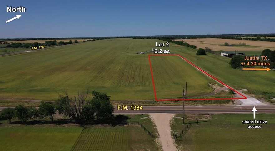 Agriculturally-exempt lot outside the city limits of Justin, TX. Enjoy the country with the convenience to the city just minutes away! The lot is located within Northwest ISD and there is no H.O.A., but deed restrictions are in place and are attached. Electric available at the road. Construction has finished on the shared-driveways for this lot fronting FM 1384. Please do not hesitate to reach out with any questions regarding this lot