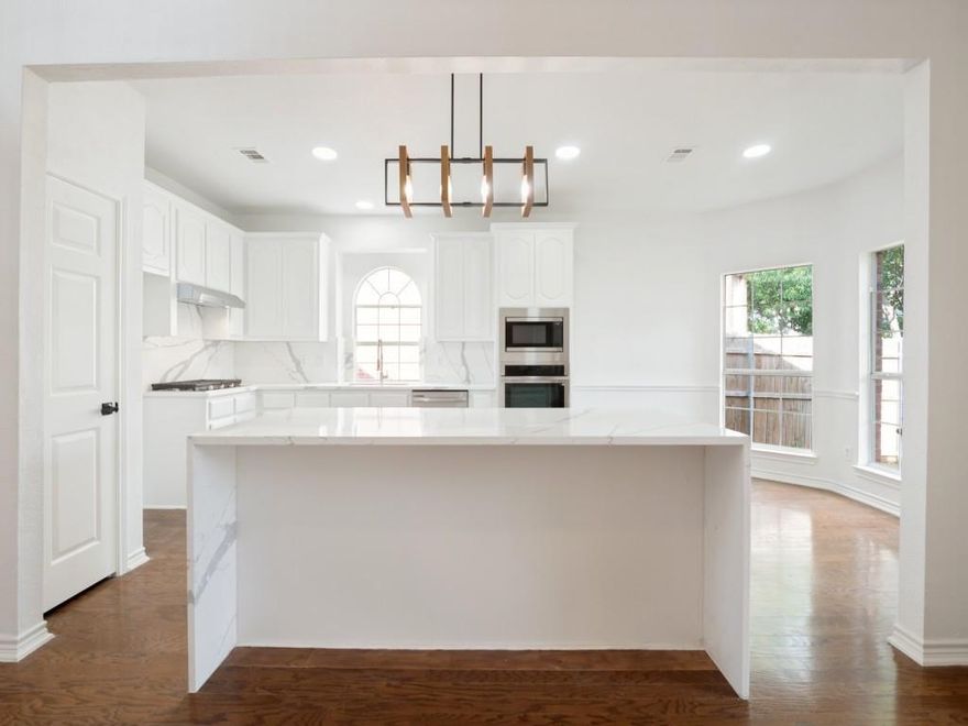 Completely renovated and move-in ready, this stunning 5-bedroom, 3-bath home in Euless offers modern upgrades, functional space, and exceptional value. Thoughtfully redesigned with today’s lifestyle in mind, this home features a bright, open-concept layout perfect for both everyday living and entertaining. At the heart of the home, the beautifully updated kitchen showcases new countertops, stylish backsplash, Samsung stainless steel appliances, new gas cooktop, vent hood, and a spacious island created by opening the wall—all flowing seamlessly into the main living and breakfast areas. The primary suite, conveniently located downstairs, offers a private retreat with space for a sitting area, along with a luxurious bath featuring dual vanities, garden tub, separate shower, and walk-in closet. The main level also includes a second living area, formal dining room, private office, full bath, utility room, and a unique hidden space. Upstairs, you’ll find three additional generously sized bedrooms, a full bath, and a versatile game or media room—perfect for family or guests. This home has been extensively upgraded, including: Fresh interior paint throughout (including cabinets and drawers),-New carpet and luxury vinyl flooring-New Samsung appliances & gas stove-New light fixtures and ceiling fans with remotes in all rooms-Updated bathrooms with new vanities, toilets fixtures, and hardware-New shower glass enclosures-New sprinkler system-Garage door motors with 2-year warranty-Termite treatment with 1-year warranty-Select new windows and updated smoke detectors. Located in a convenient DFW location with easy access to shopping, dining, and major highways, this home offers the perfect combination of modern upgrades, spacious layout, and prime location. Don’t miss this exceptional opportunity to own a fully upgraded home in the heart of Euless!